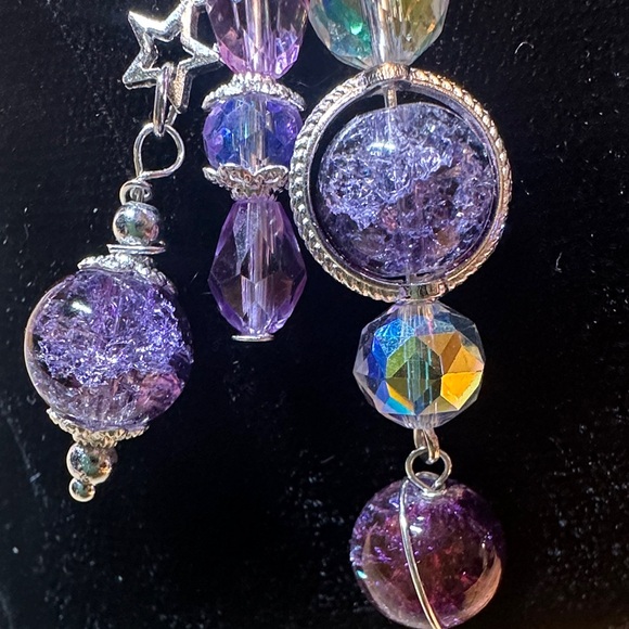 925 Silver Hooks, Purple and Silver Beaded Dangle Earrings - Picture 2 of 4